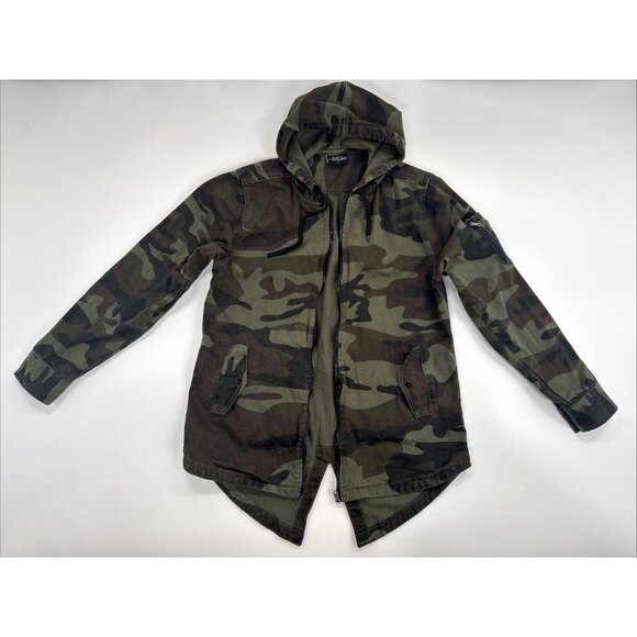 Vintage Y2K Black Lacquer Camo Military Jacket Mens Large Hooded Cotton READ - Picture 1 of 12
